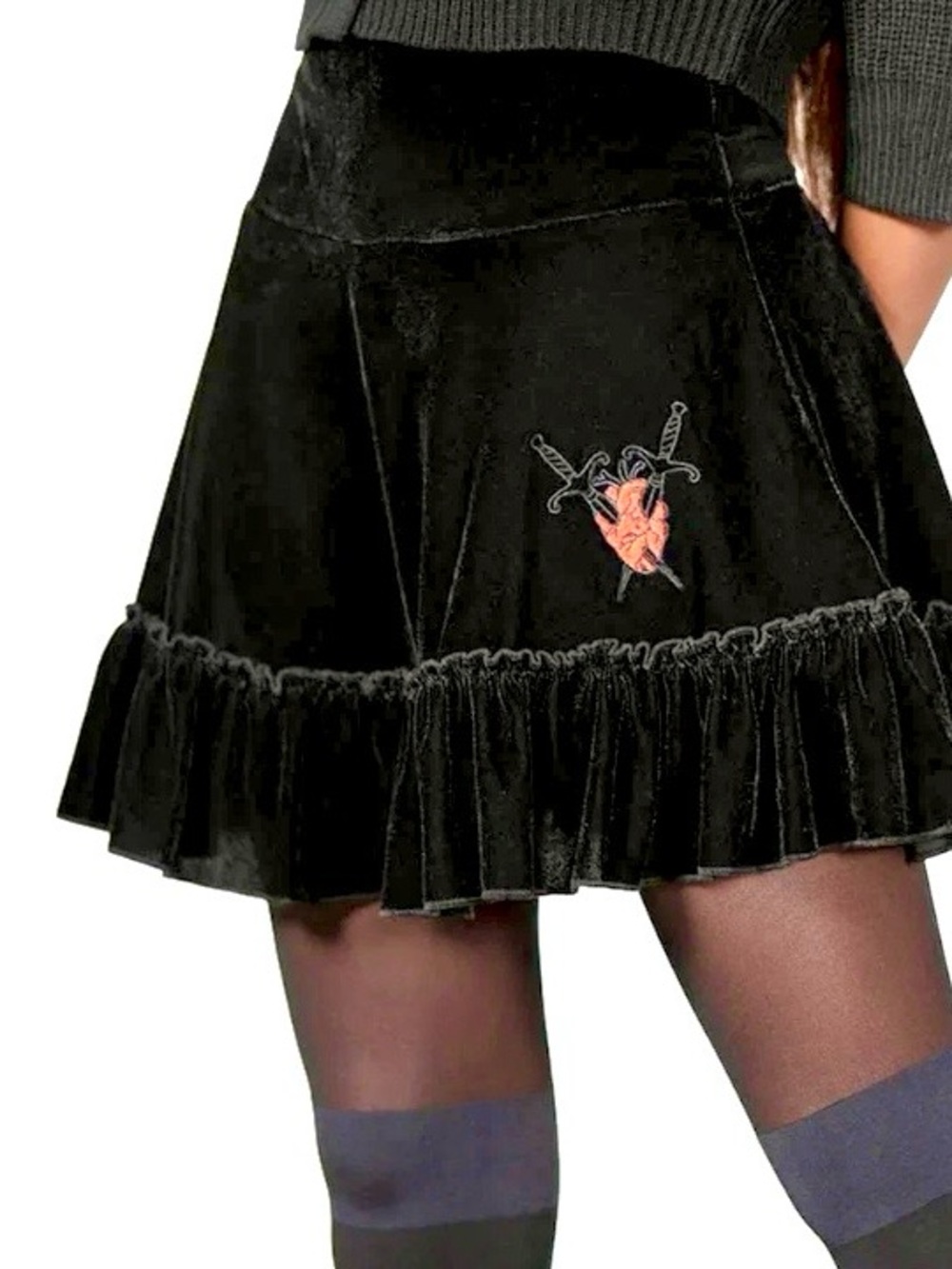 Killstar Black Velvet Ruffle Mini Skirt with Embroidered Heart and Daggers